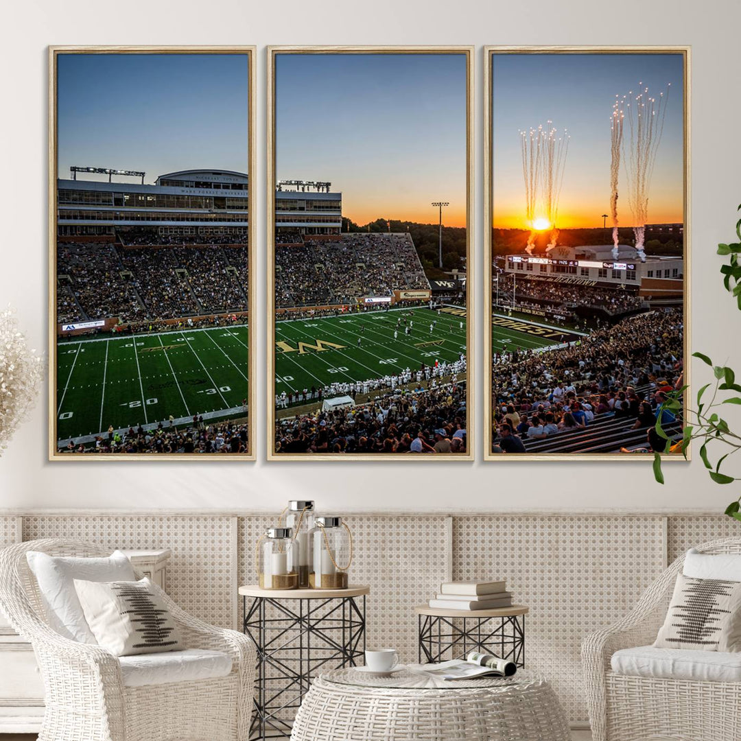 Canvas wall art print depicting the Demon Deacons football stadium at sunset with fireworks.