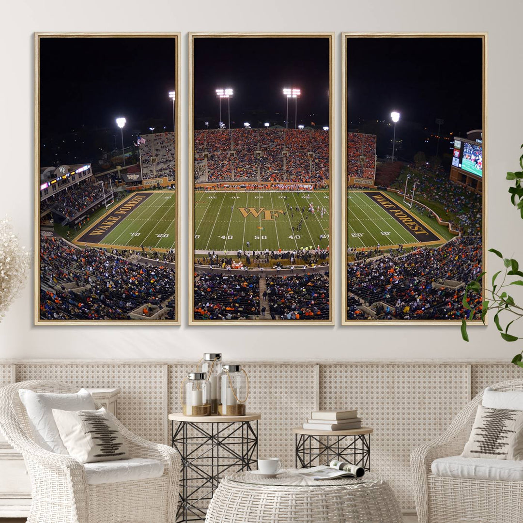 The Demon Deacons stadium print captures a brightly lit, bustling scene on museum-quality canvas.