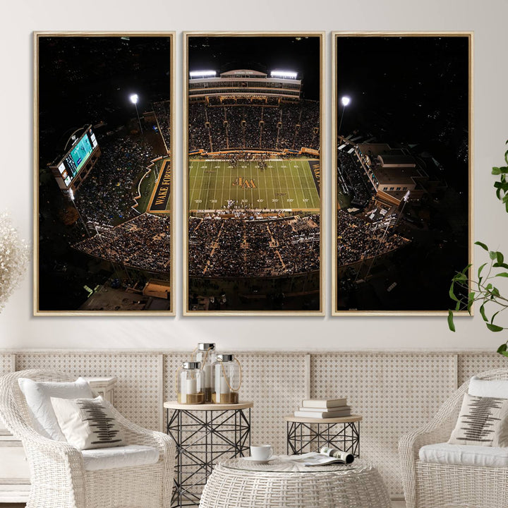 Canvas wall art displays an aerial view of Wake Forest Demon Deacons stadium at night.