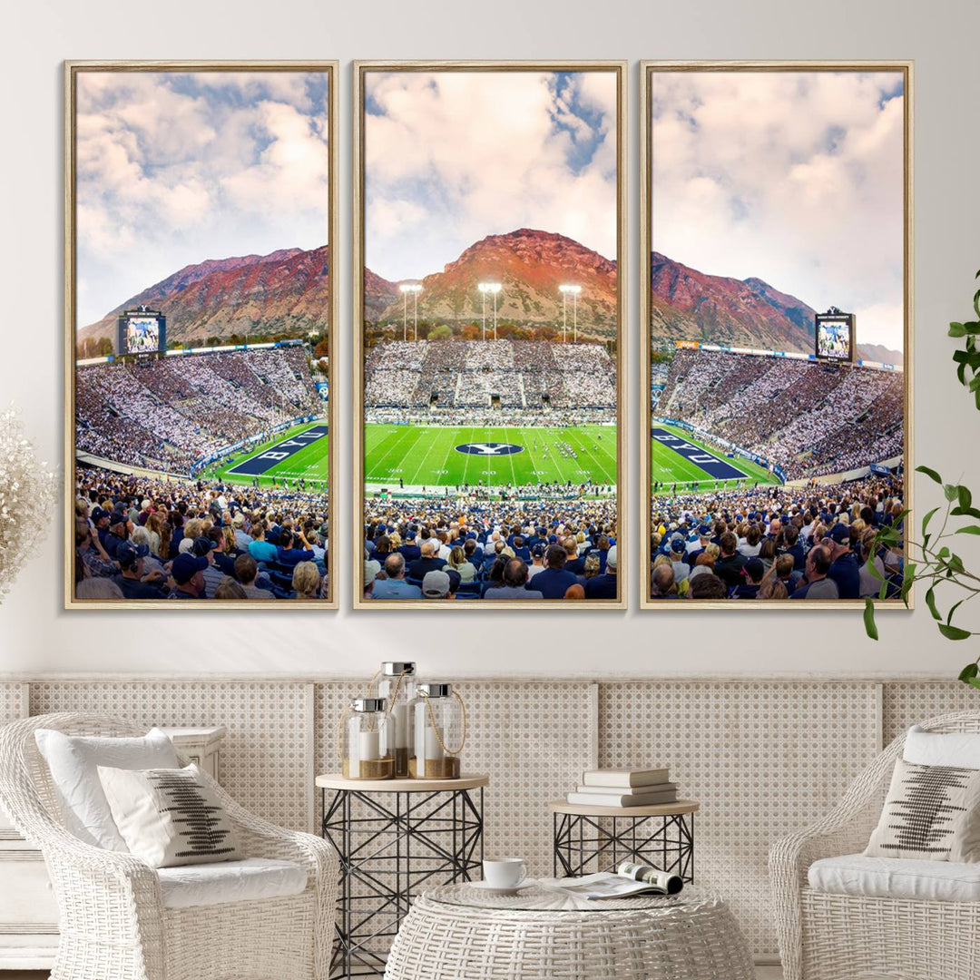 A museum-quality canvas featuring BYU Cougars Football at LaVell Edwards Stadium with a stunning mountain view.