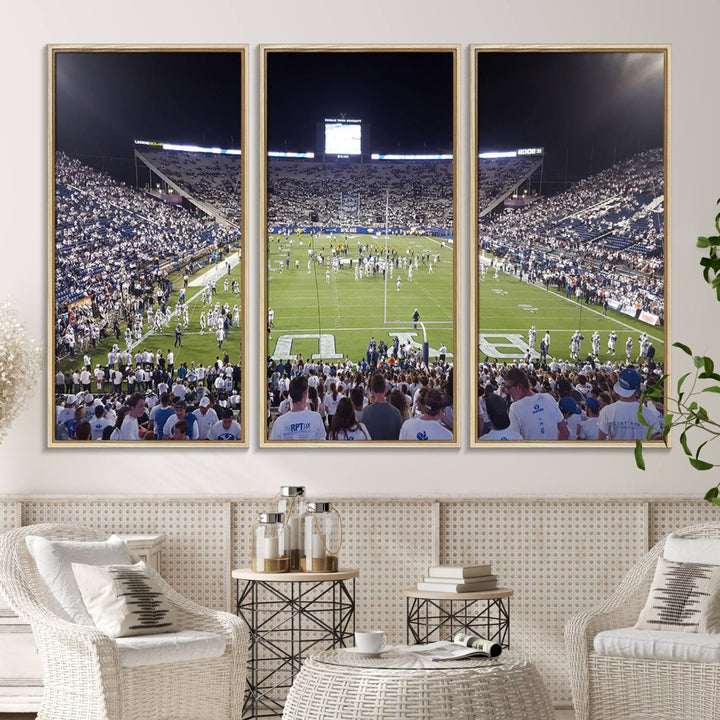 The wall art is a premium canvas of LaVell Edwards Stadium, offering a gallery-quality finish that showcases BYU Cougars pride.