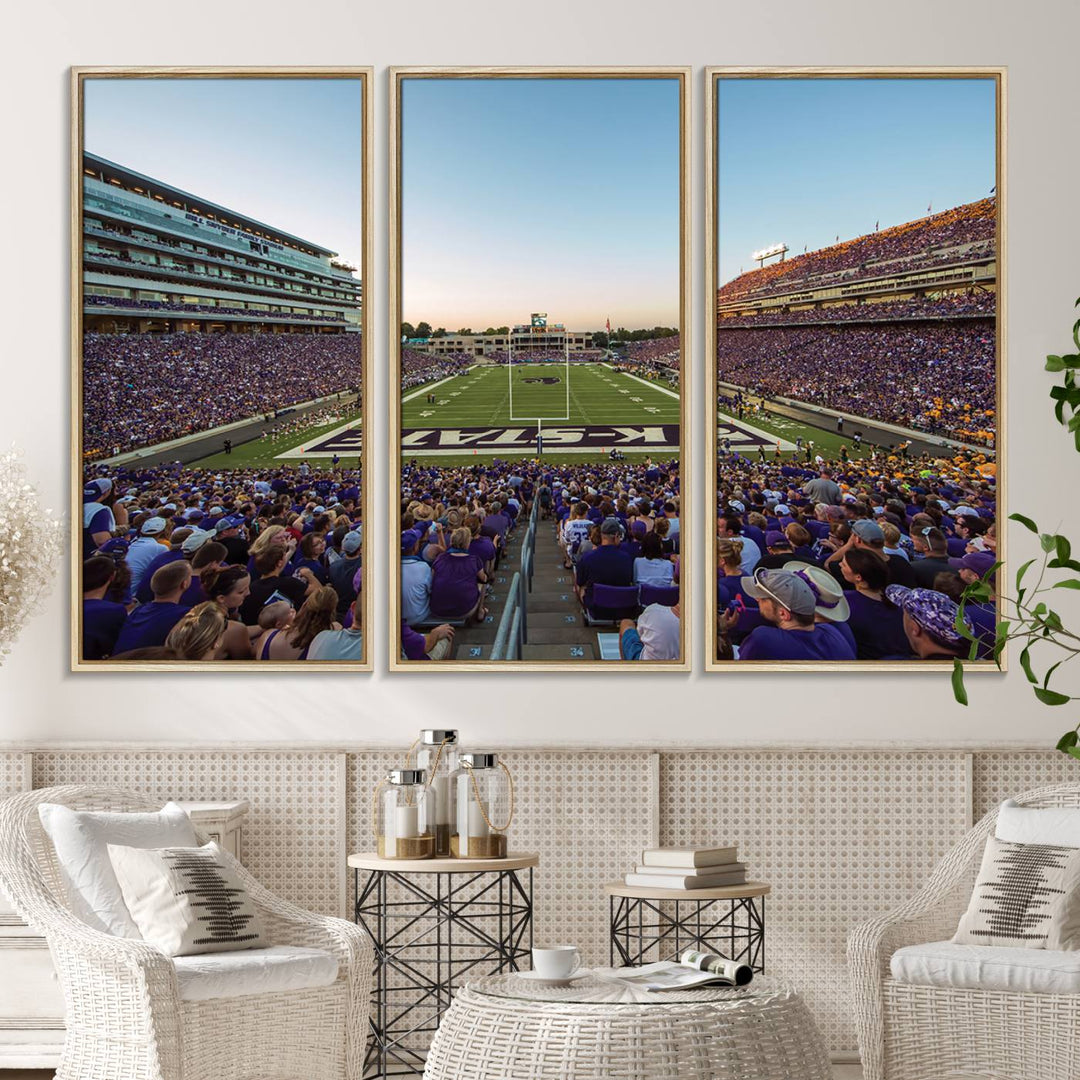 Sunset view of fans in purple at Bill Snyder Family Stadium, captured in a stunning gallery wall art canvas, perfect for a modern living room or office.