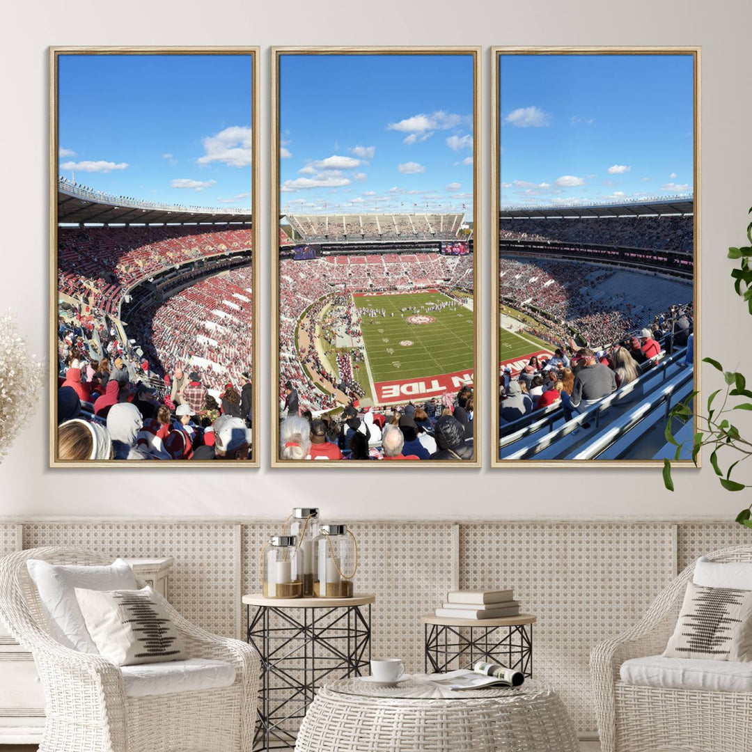 Canvas print of Alabama Crimson Tides Bryant-Denny Stadium, showcasing a sunlit field under a blue sky.