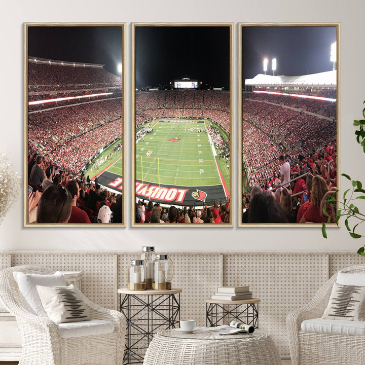 Panoramic view of a crowded football stadium with Louisville in the end zone, crafted as University of Louisville wall art.