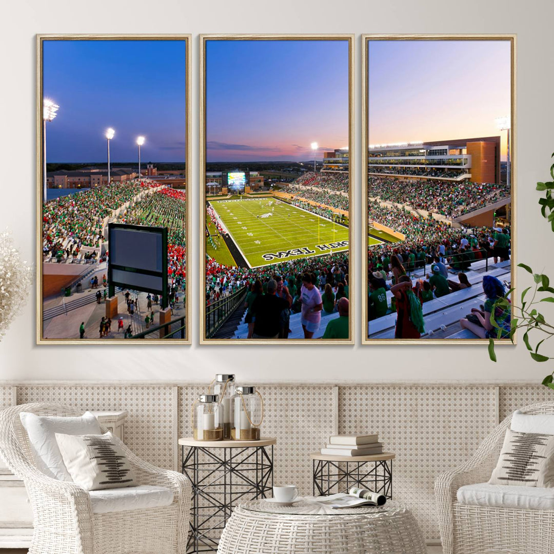 The canvas features Denton DATCU Stadium, OZEKI FIELD, illuminated under the lights and vibrant with fans supporting the University of North Texas.