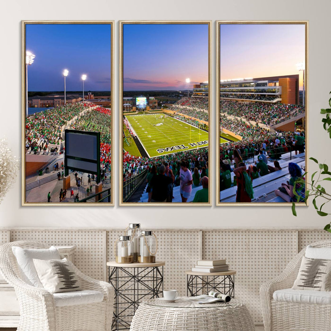 Aerial view of University of North Texas DATCU Stadium at sunset on canvas, showcasing a colorful sky.