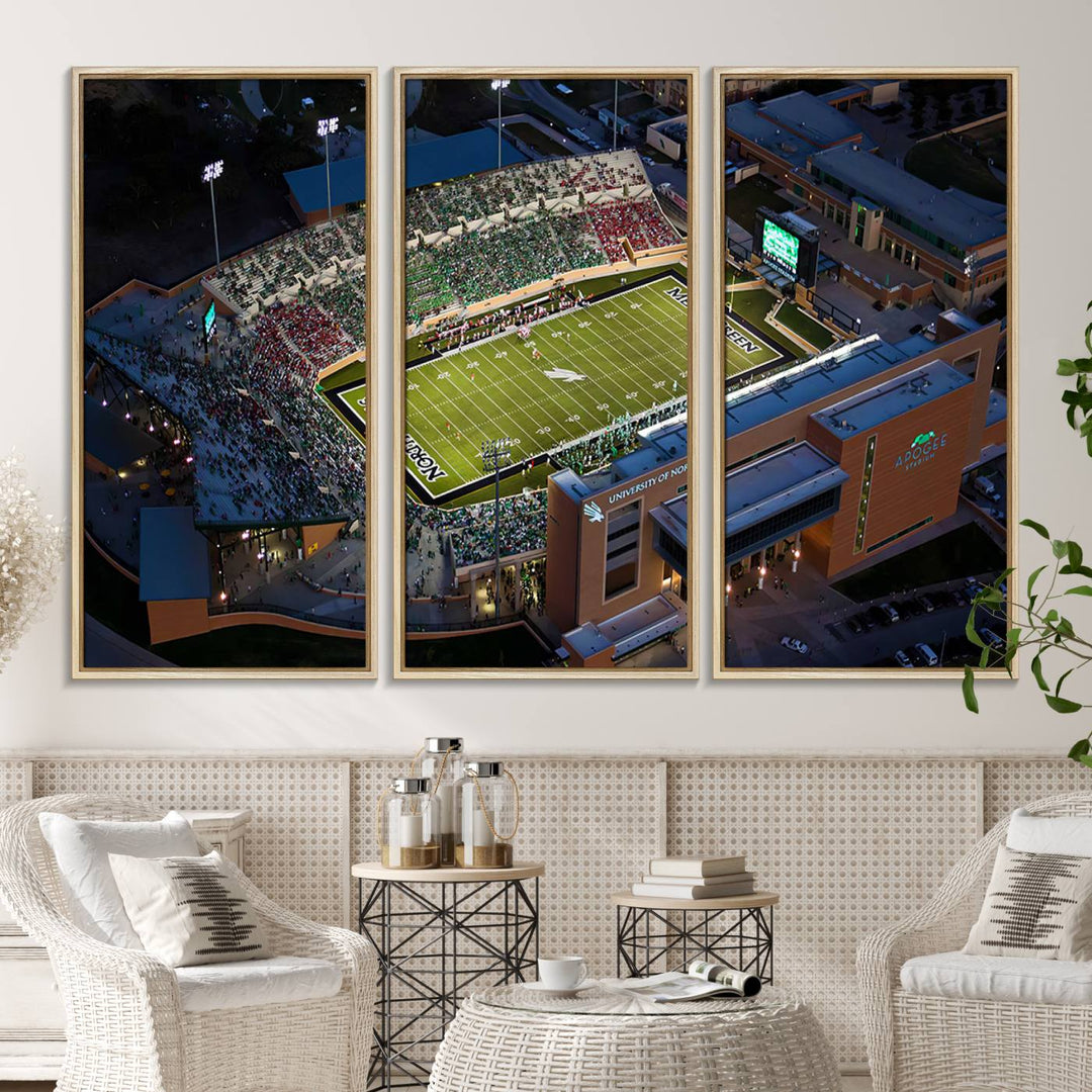 Night aerial view of fans at UNT Mean Green game captured on premium DATCU Stadium canvas wall art print.