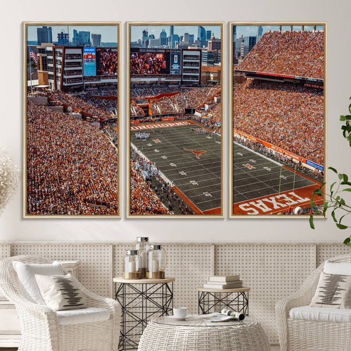 A premium canvas wall art featuring the University of Texas Longhorns stadium, showcasing a vibrant sea of orange.