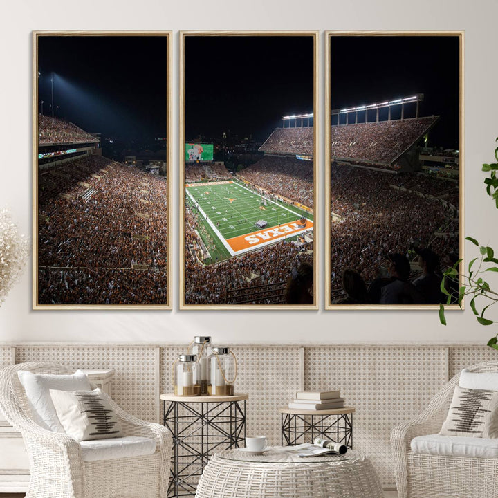 A football game at a packed stadium is captured on the University of Texas Longhorns Stadium Canvas Print.