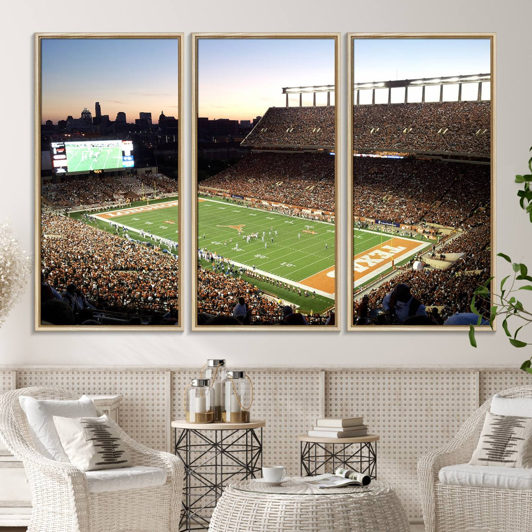 The Evening Game canvas art captures a glowing sunset and skyline at Texas Longhorns Darrell K Royal Stadium.