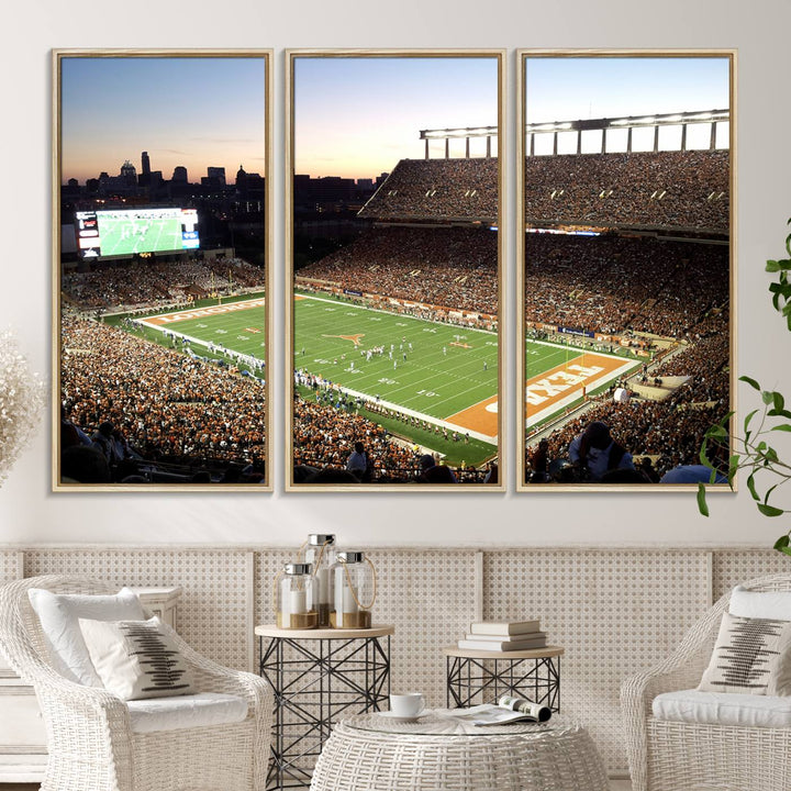 The Evening Game canvas art captures a glowing sunset and skyline at Texas Longhorns Darrell K Royal Stadium.