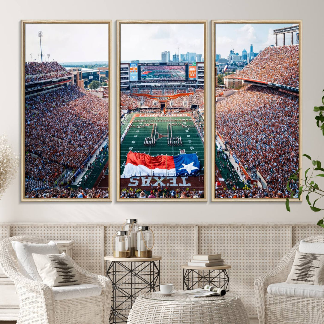 University of Texas Longhorns canvas: A premium print depicting Darrell K Royal-Texas Memorial Stadium with the city skyline and Texas flag.