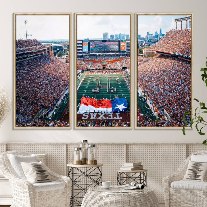 University of Texas Longhorns canvas: A premium print depicting Darrell K Royal-Texas Memorial Stadium with the city skyline and Texas flag.