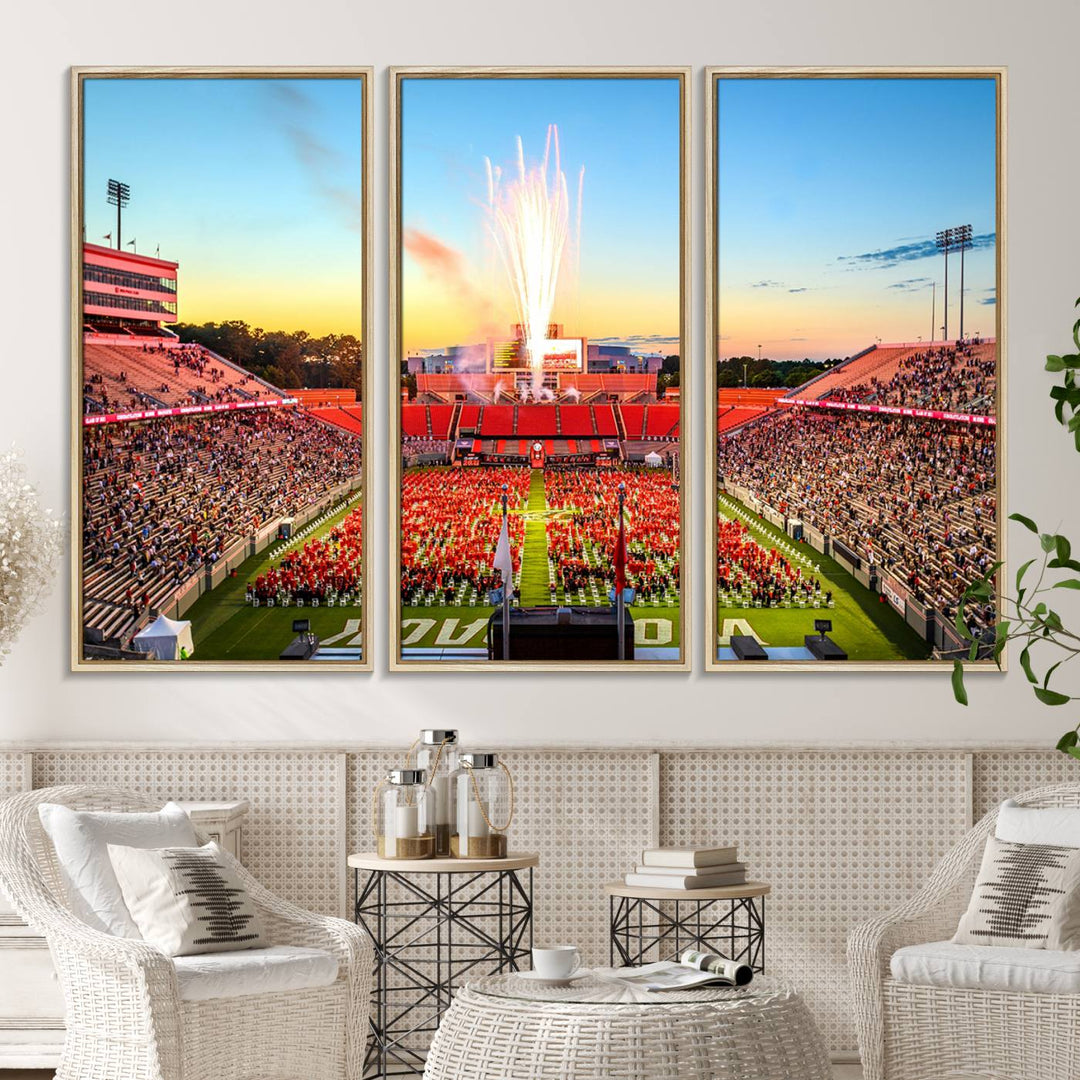 A vibrant North Carolina State University Wolfpack print, capturing a people-filled stadium, fireworks, and a sunset—perfect for your living room wall.