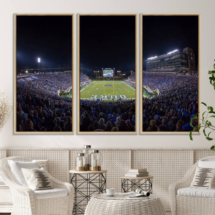 Under bright lights at night, the Duke Blue Devils Football Team Durham canvas wall art print is prominently displayed.