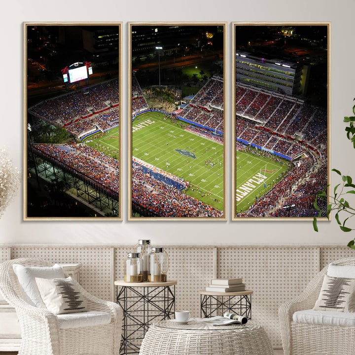 Aerial view of Florida Atlantic University Owls football stadium as a gallery-quality wall art canvas print.