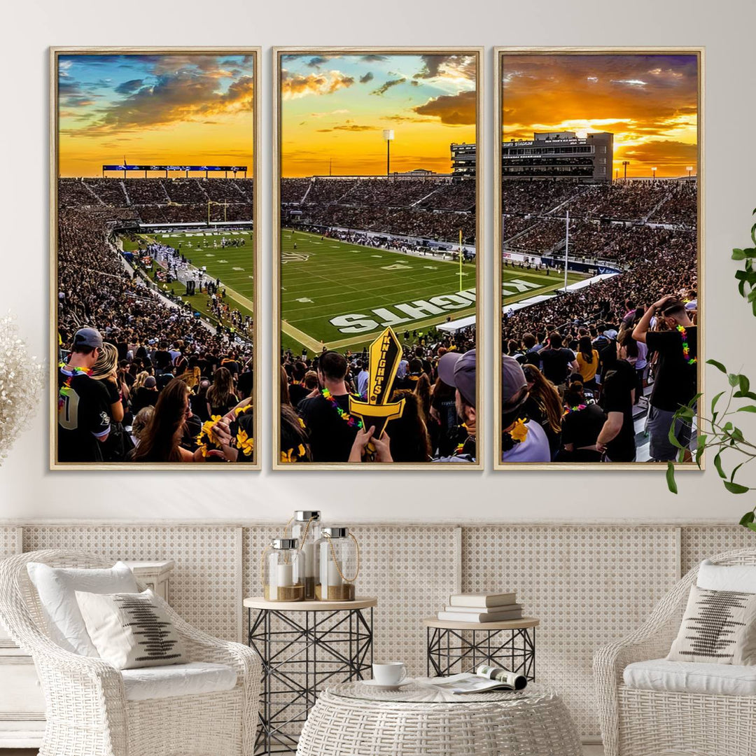 A sunset football game at UCFs Stadium—ideal as a premium wall art canvas print for your home.