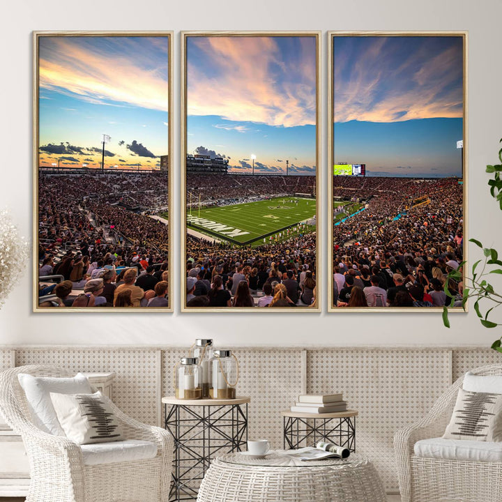 A vibrant wall art canvas captures a sunset scene at Orlandos FBC Mortgage Stadium, featuring the UCF Knights.