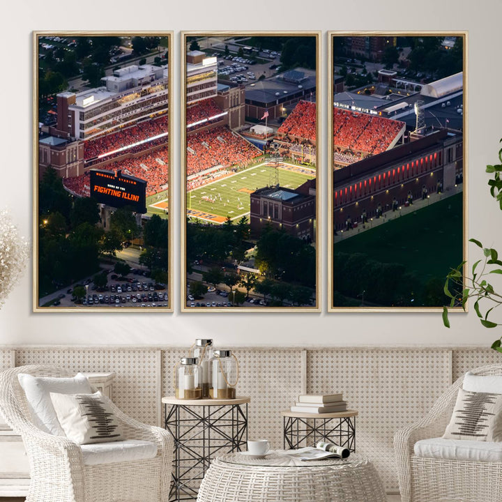 Aerial view of the University of Illinois Memorial Stadium on premium canvas, capturing buildings and greenery at dusk.