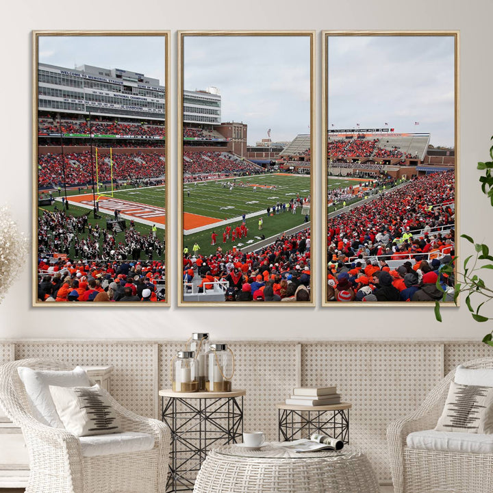 A University of Illinois Fighting Illini wall art canvas hangs on the wall, depicting a packed stadium.