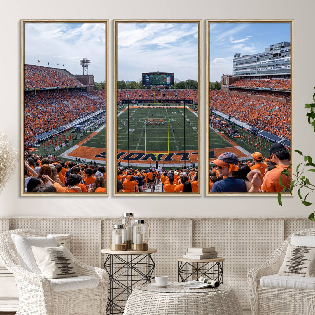 The Illinois stadium packed with orange-clad fans makes for a premium University of Illinois canvas wall art.