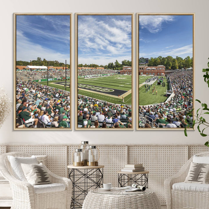 The University of Charlotte 49ers stadium print adds flair to a modern living room wall with its vibrant scene and clear sky.