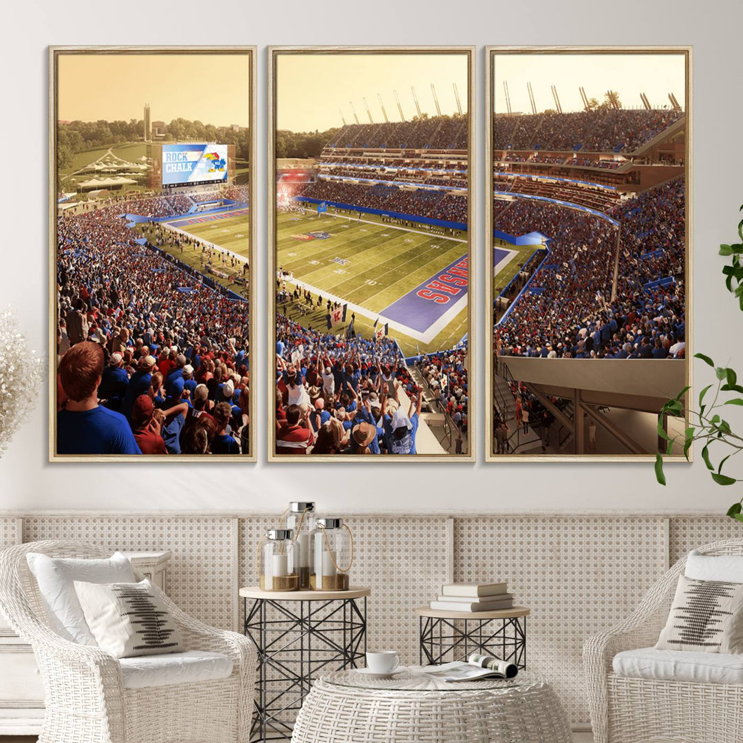 A premium University of Kansas Jayhawks Football Team canvas print captures the essence of a sunset football game, filling the stadium with vibrant energy.