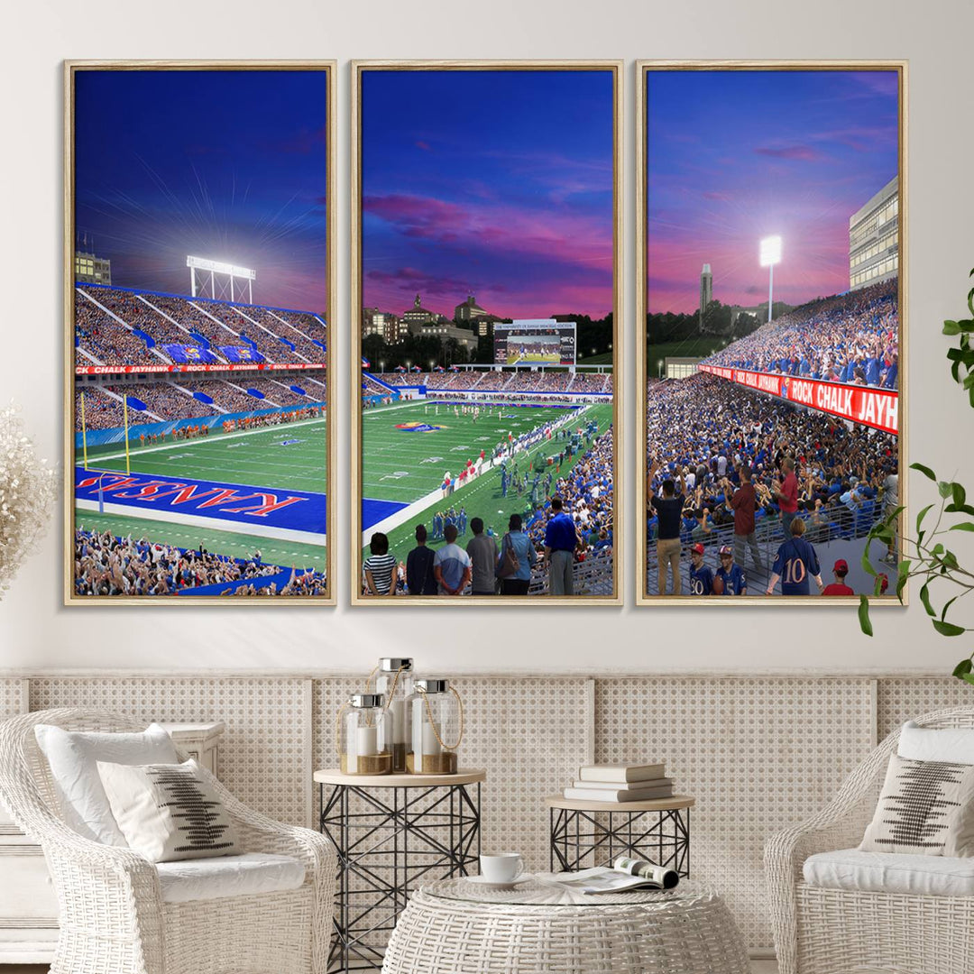 A canvas art piece depicting the Kansas Jayhawks stadium at twilight, vibrant in a modern setting.