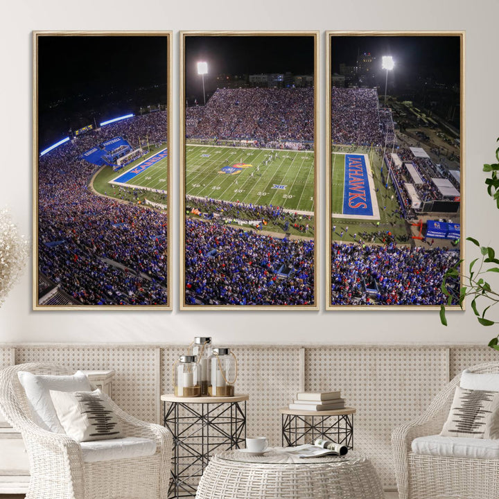 A canvas depicting an aerial view of the University of Kansas Memorial Stadium, showcasing bright lights and a lush green field at night.