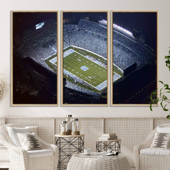 Aerial view of UNC Tar Heels night game at Kenan Memorial Stadium, perfect wall art canvas for fans.