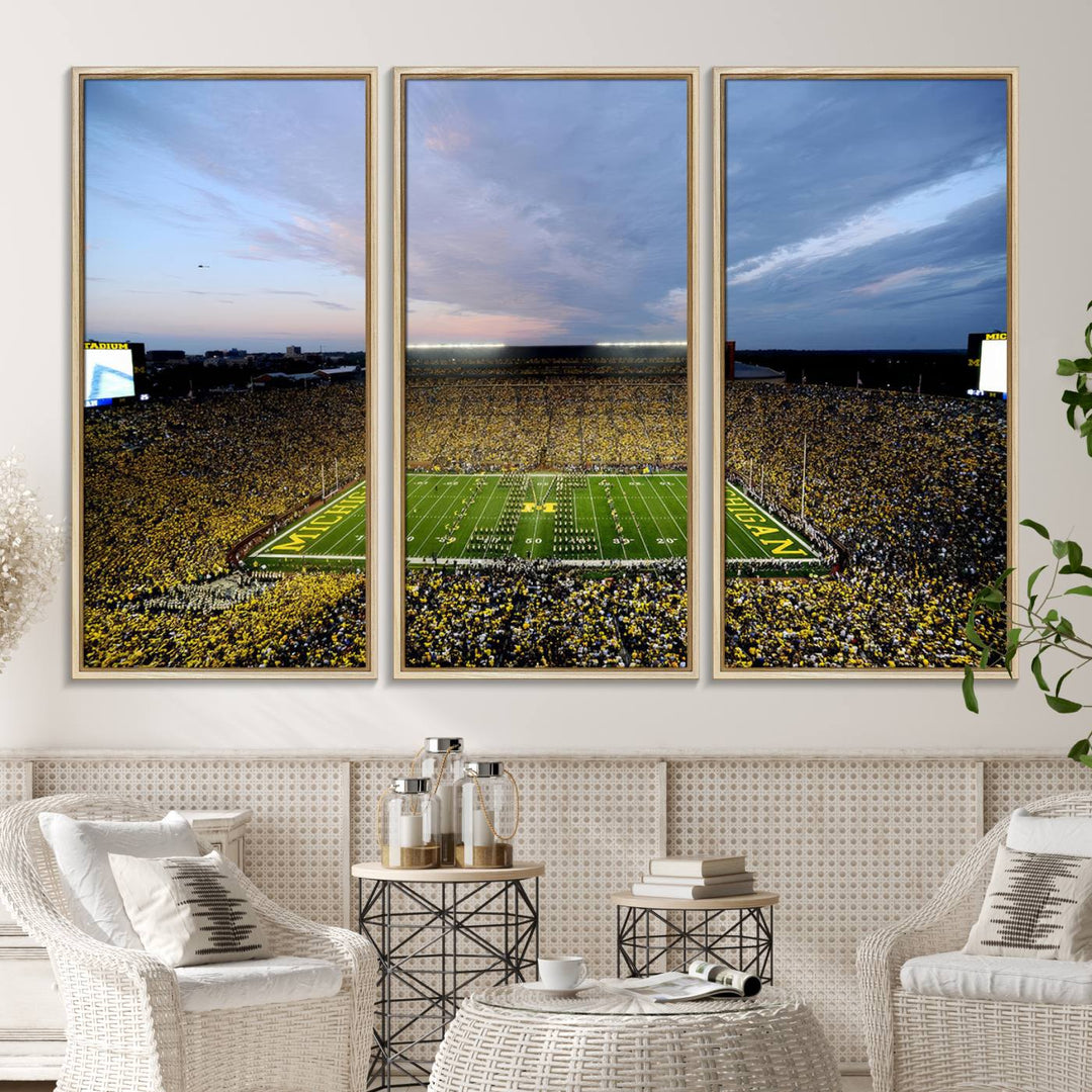 Gallery-quality canvas print of Michigan Stadium at sunset.