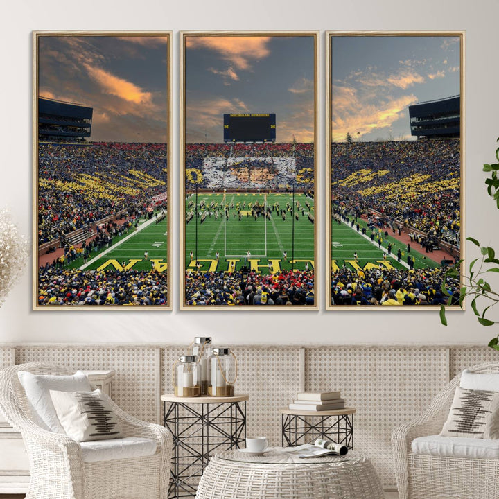 A giant image resembling Michigan Wolverines Wall Art depicts a football field beneath a dramatic sky.