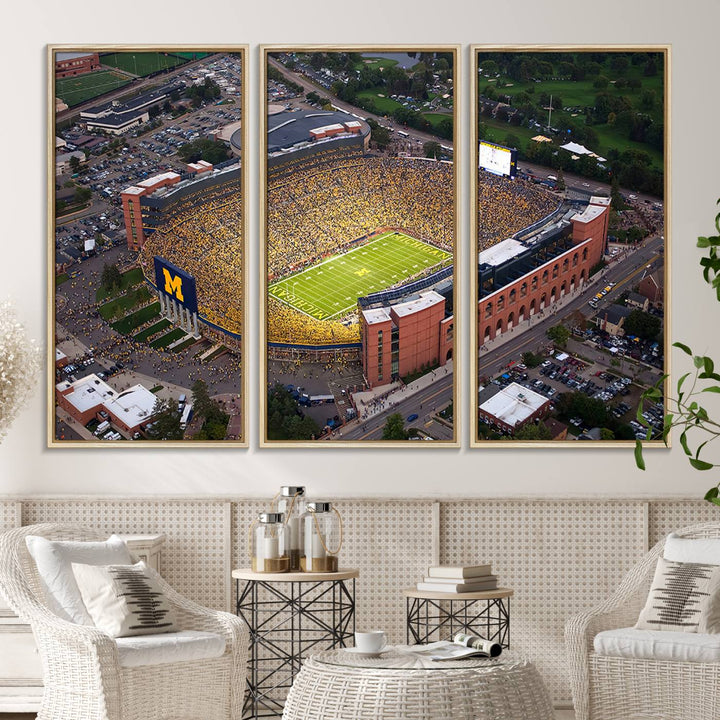 Canvas print featuring an aerial view of Ann Arbor Michigan Stadium filled with Wolverines fans.