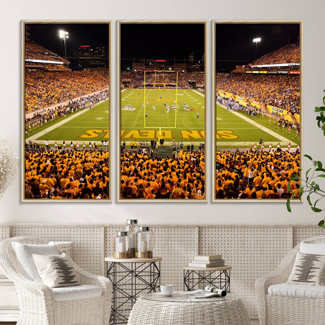 The Phoenix Stadium Canvas Wall Art features a vibrant depiction of a packed stadium filled with ASU Sun Devils fans wearing yellow shirts.