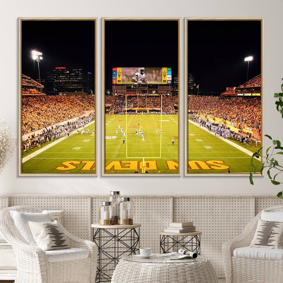 ASU Sun Devils Football Team Print - Wall Art Canvas featuring the Sun Devils end zone at Phoenix Mountain America Stadium.