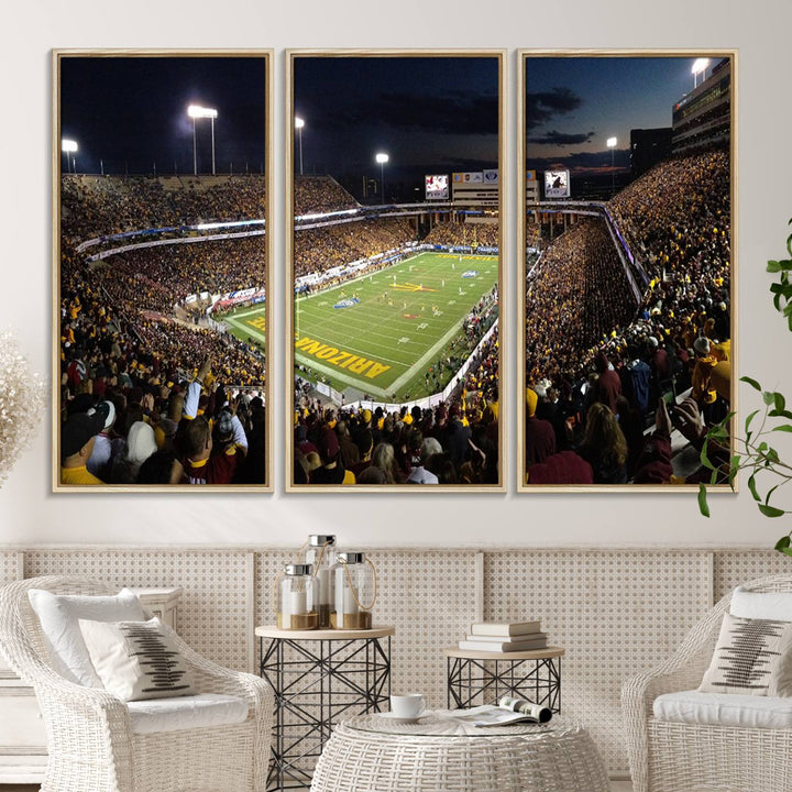 A room featuring an ASU Sun Devils Football Team Print, capturing fans at Phoenix Mountain America Stadium at dusk.