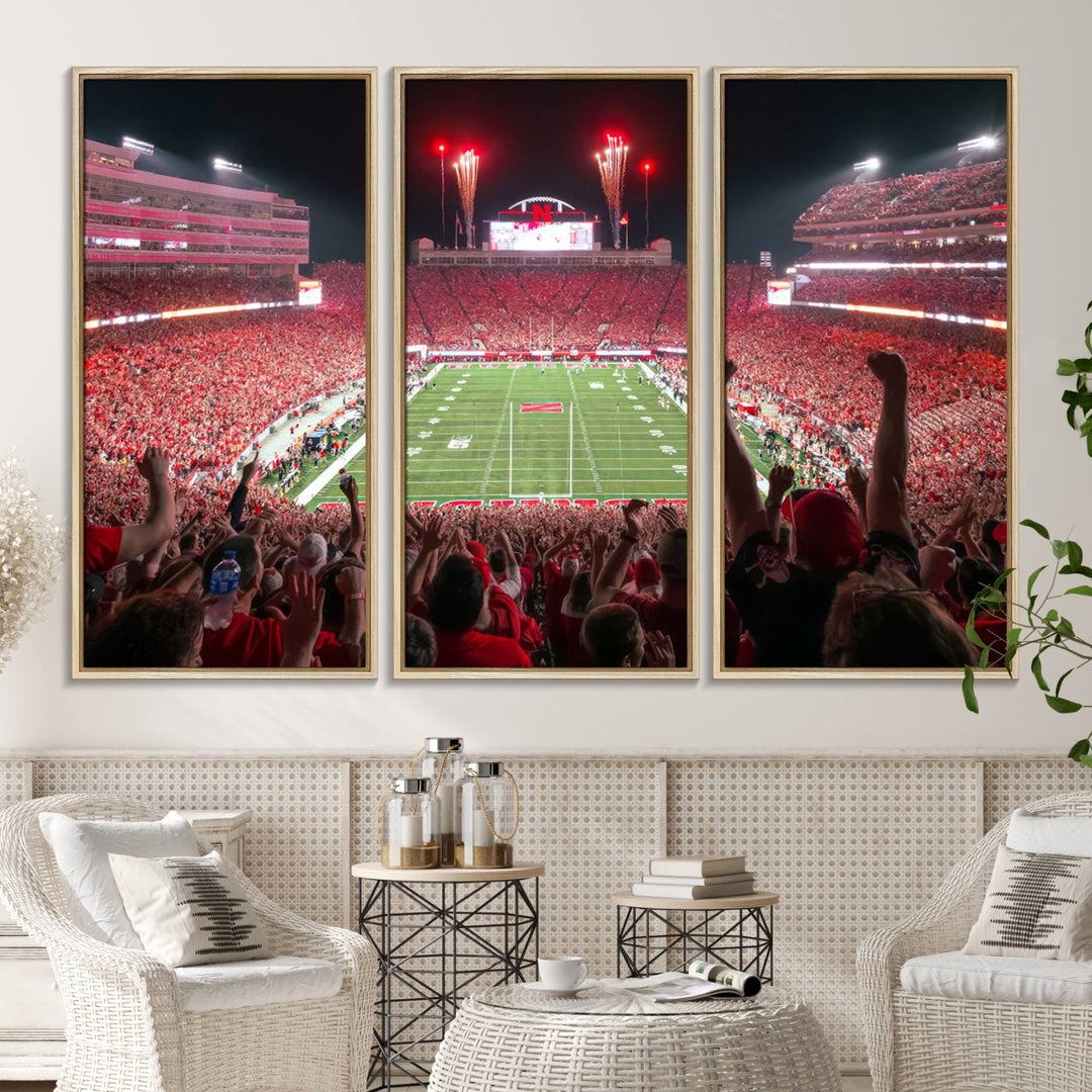 A vibrant canvas print of the Lincoln Memorial Stadium at night with fireworks, featuring the University of Nebraska Cornhuskers Football.