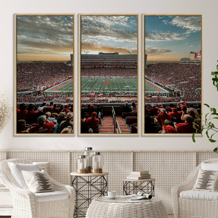 This stunning canvas wall art print features a packed Lincoln Memorial Stadium with the University of Nebraska Cornhuskers at sunset.