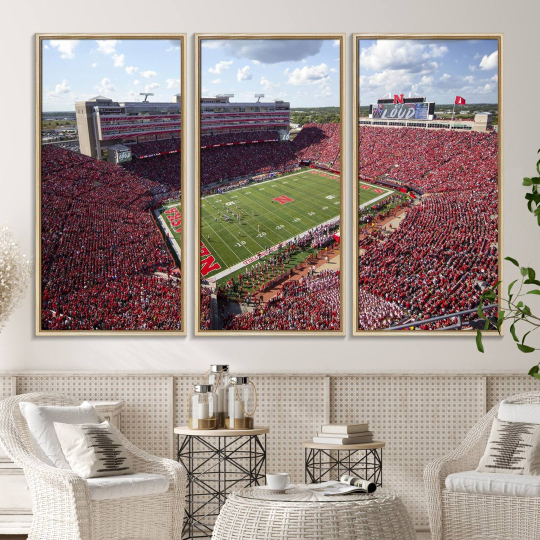 Wall art canvas print depicting a wide-angle view of Lincoln Memorial Stadium during a University of Nebraska game.