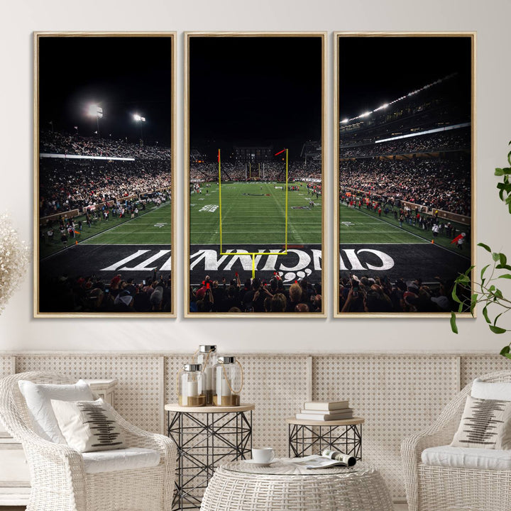 Interior view featuring a Cincinnati Bearcats football canvas of Nippert Stadium.