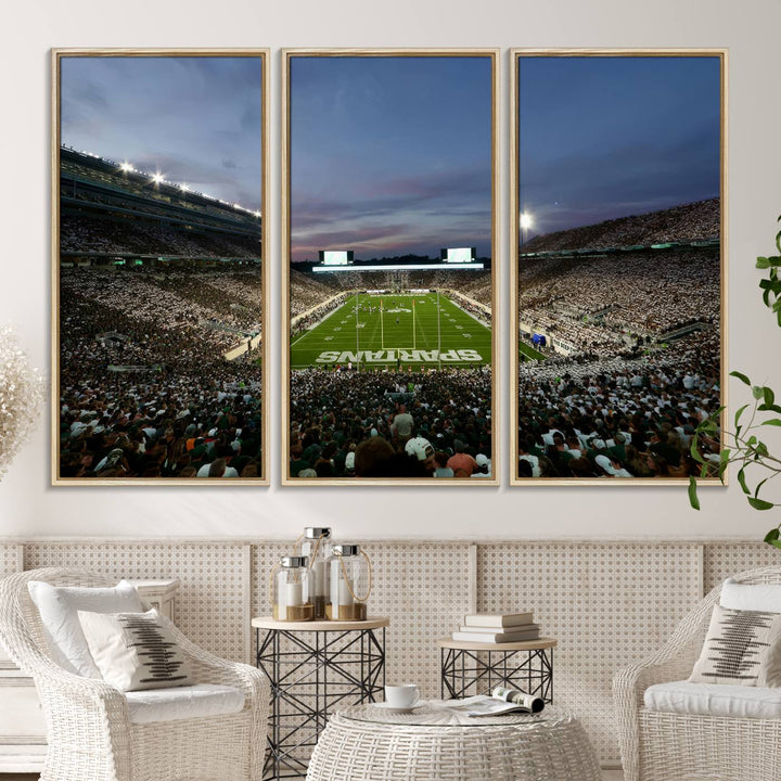 Wall art featuring a stadium at dusk with full stands—ideal for the Michigan State Spartans Football Team Canvas Print.