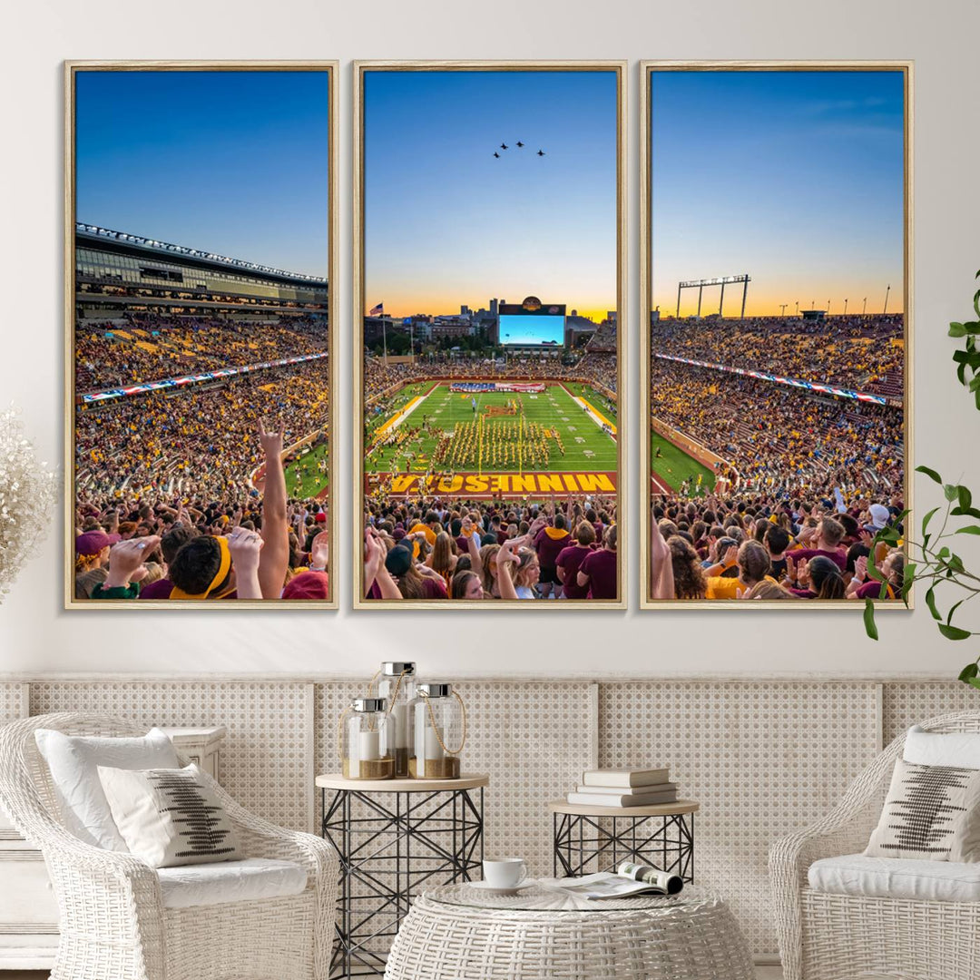 Canvas wall art featuring the University of Minnesota Football Team print, showcasing Huntington Bank Stadium at sunset with jets overhead.