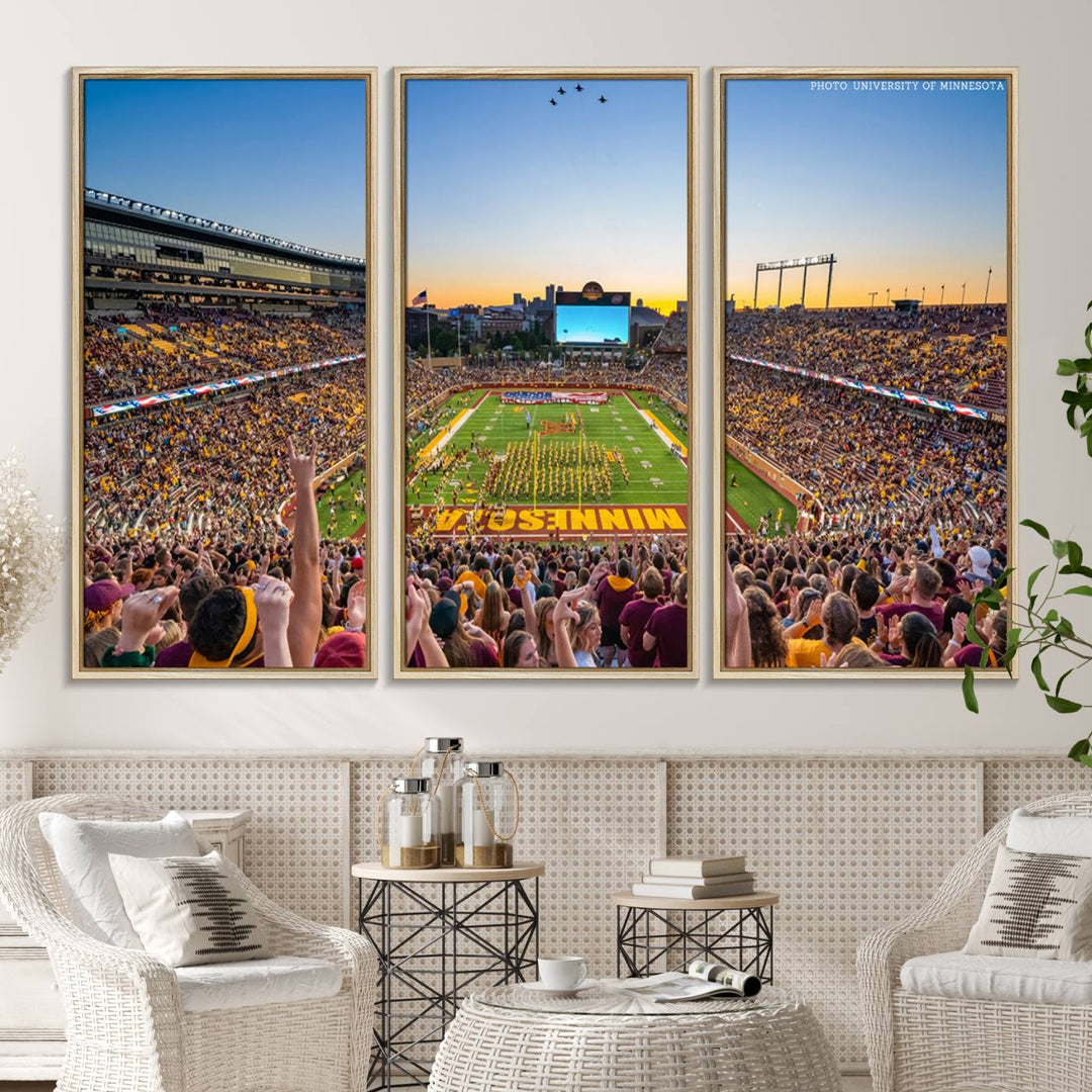 The University of Minnesota Golden Gophers Football Team Print, capturing a sunset scene, is ideal for gallery-quality wall art.