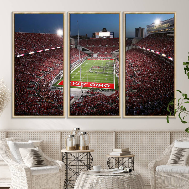 Premium gallery-quality canvas wall art featuring an aerial view of a packed Ohio State stadium at dusk, highlighting the Buckeyes.