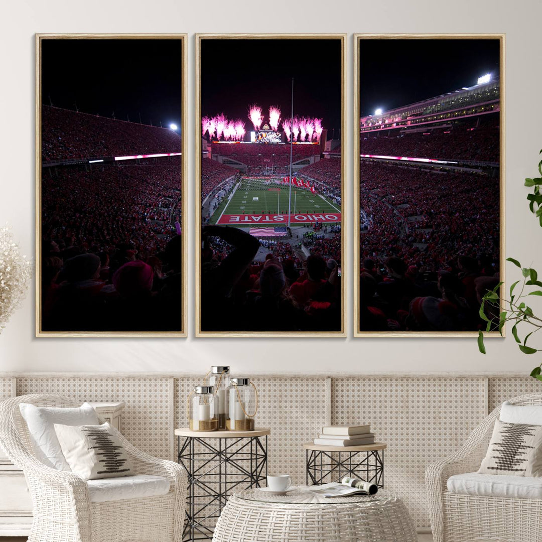 Premium canvas wall art featuring Ohio State University Buckeyes football stadium and fireworks.