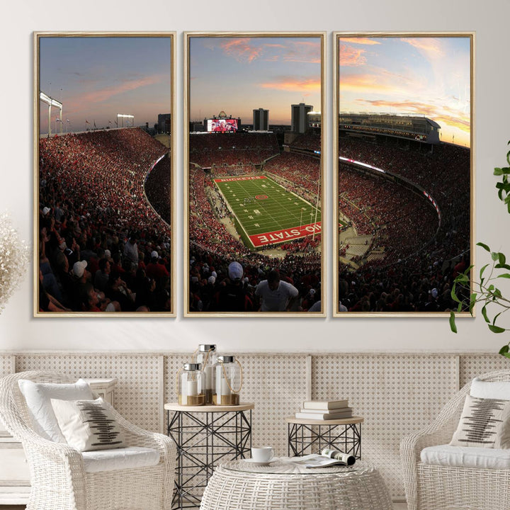 The canvas wall art captures a stunning stadium view of a sunset over Ohio State University Buckeyes football fans.