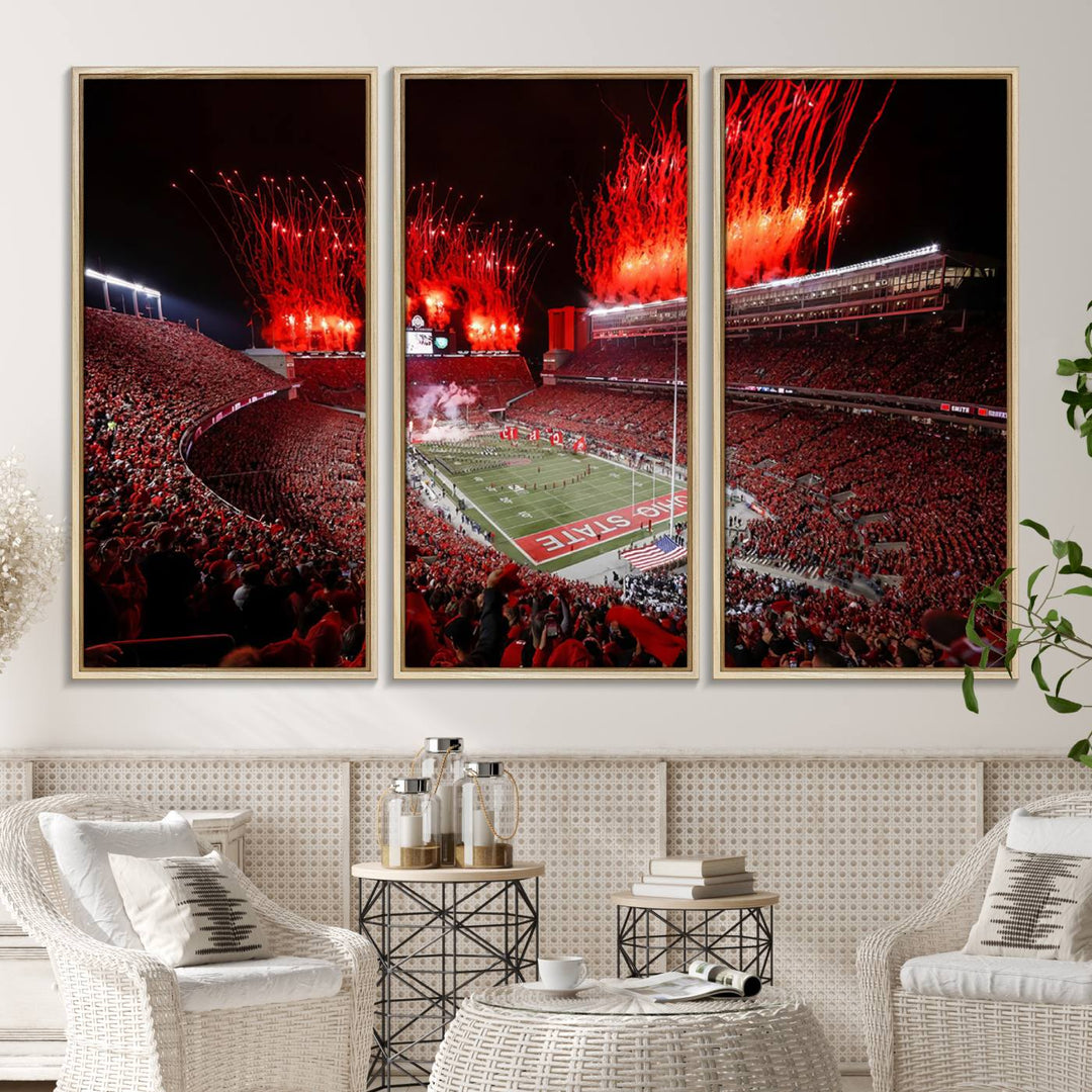 A vibrant red canvas art of a packed Ohio State Buckeyes stadium at night with fireworks.