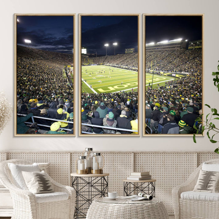 Under bright lights, a University of Oregon Ducks Canvas Print captures the excitement of fans packing Autzen Stadium for a night football game.