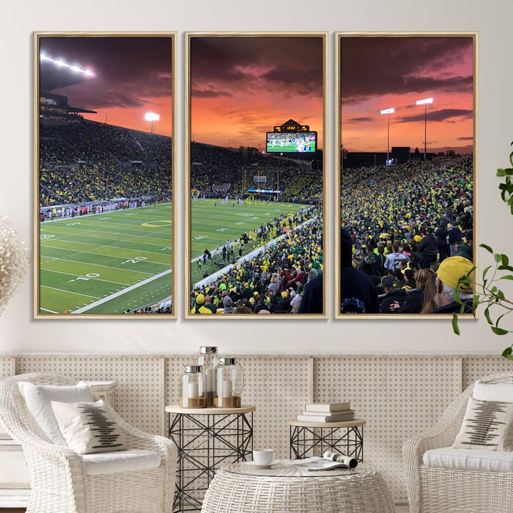 This stunning wall art print captures a vibrant sunset at Eugene Autzen Stadium.