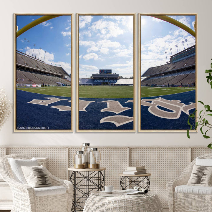 Fish-eye view of an empty stadium, ideal wall art on premium canvas: Rice University Owls Football Team Print.